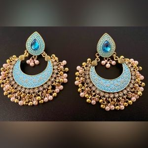 NEW Beautiful Baby Blue Earrings Jhumka/Chaandbali with Light Pink Beads